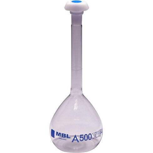 Fiole jaugée 2000 ml Classe A en verre clair, col rodé avec bouchon en polyéthylène, marquage bleu