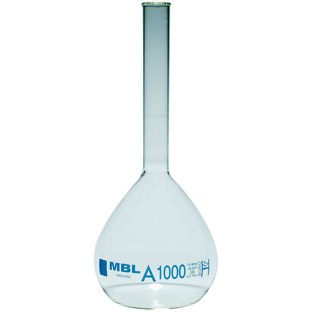 Fiole jaugée 200 ml Classe A en verre clair, col lisse, marquage bleu, certifiée