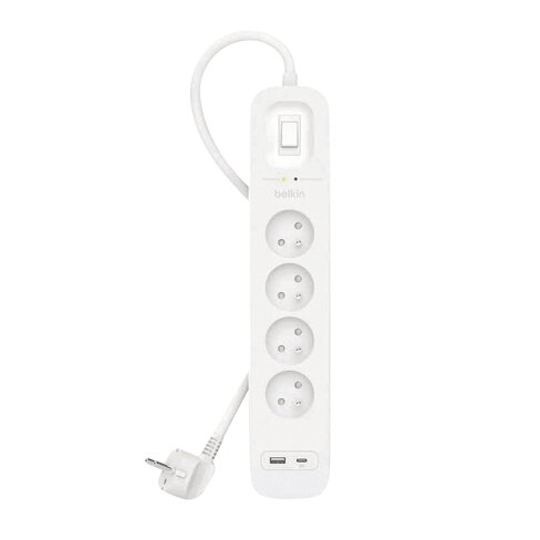 Bloc multiprise parafoudre avec interrupteur 4 prises - 1 USB A - 1 USB C - cordon 2 m