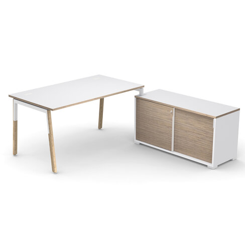 Bureau droit Nouvelle Vague - l. 140 x pr. 80 cm + meuble portes coulissantes - pieds bois