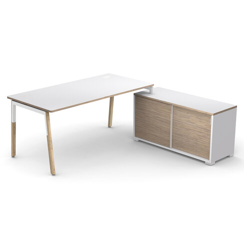 Bureau droit Nouvelle Vague - l. 160 x pr. 80 cm + meuble portes coulissantes - pieds bois
