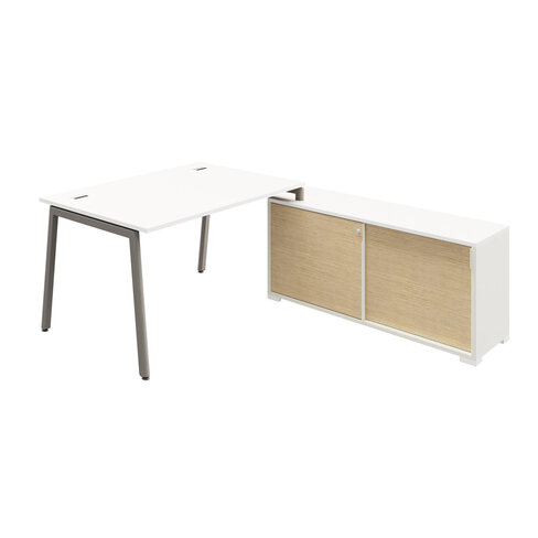 Bureau droit Nouvelle Vague - l. 140 x pr. 80 cm + meuble portes coulissantes - pieds métal