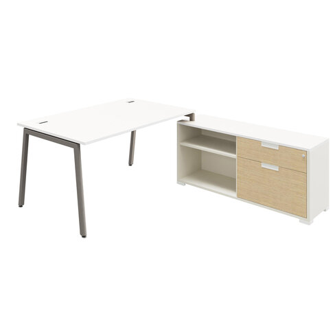 Bureau droit Nouvelle Vague - l. 160 x pr. 80 cm + meuble 1 tiroir plat + 1 DS + 2 niches - pieds métal