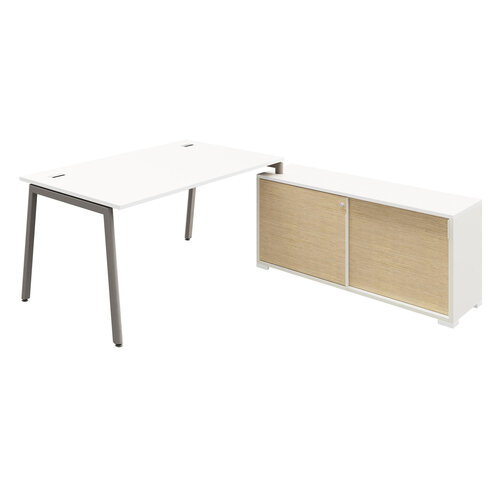 Bureau droit Nouvelle Vague - l. 160 x pr. 80 cm + meuble portes coulissantes - pieds métal
