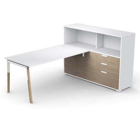 Bureau droit Nouvelle Vague - l. 140 x pr. 80 cm + meuble 2 tiroirs plats + 1 DS + 2 niches - pieds bois