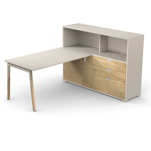 Bureau droit Nouvelle Vague - l. 160 x pr. 80 cm + meuble 2 tiroirs plats + 1 DS + 2 niches - pieds bois