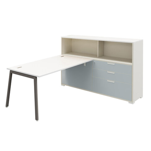 Bureau droit Nouvelle Vague - l. 160 x pr. 80 cm + meuble 2 tiroirs plats + 1 DS + 2 niches - pieds métal