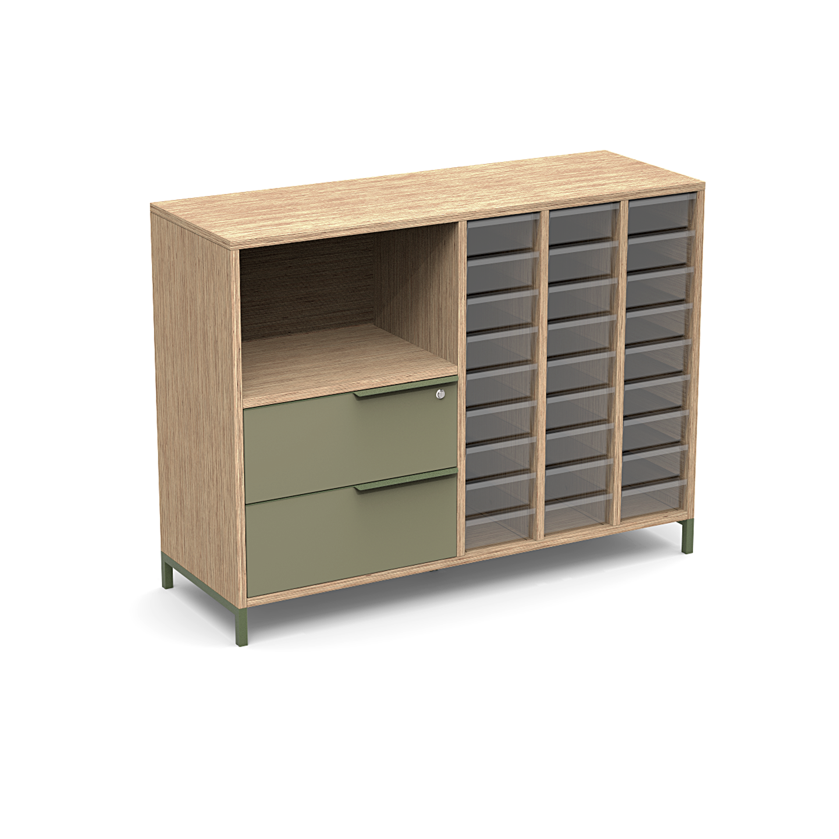 Armoire mélaminé Nouvelle Vague l. 130 x h. 98 cm - 1 niche 2 tiroirs à gauche - 27 bacs tiroirs à droite