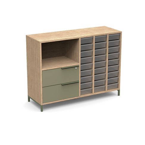 Armoire mélaminé Nouvelle Vague l. 130 x h. 98 cm - 1 niche 2 tiroirs à gauche - 27 bacs tiroirs à droite