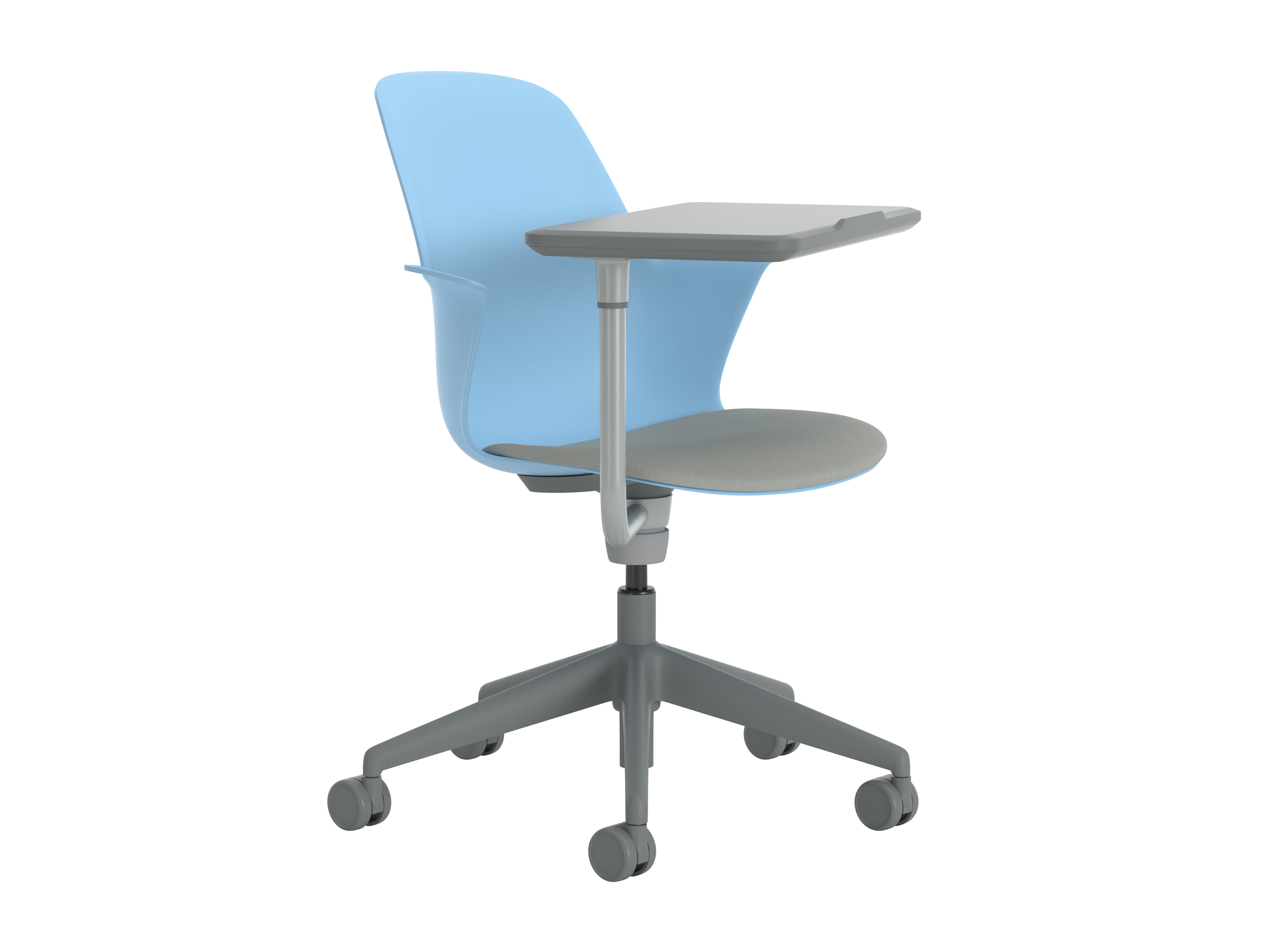 Fauteuil Node - polypropylène - placet d'assise tissu - piétement 5 branches avec roulettes - tablette de travail