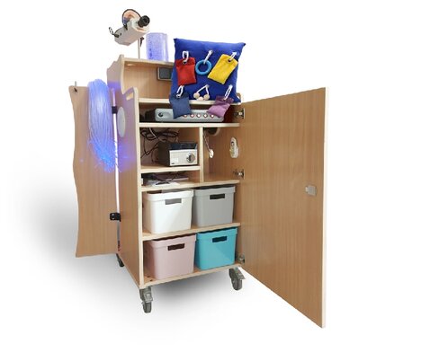 Chariot snoezelen Eric - contient : colonne à bulle + miroirs - en hêtre - 64 x 77 x 140 cm - avec pack Eric