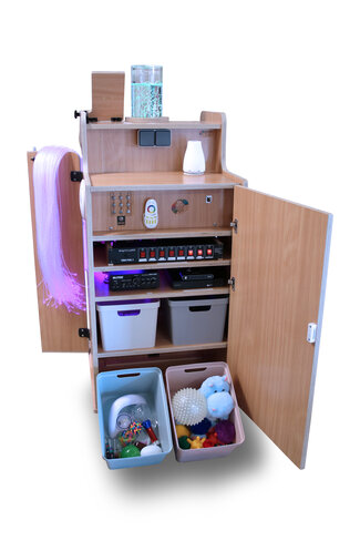 Chariot snoezelen Miranda - colonne à bulle + miroirs + projecteur, en hêtre - 66 x 78 x 140 cm - avec pack Miranda