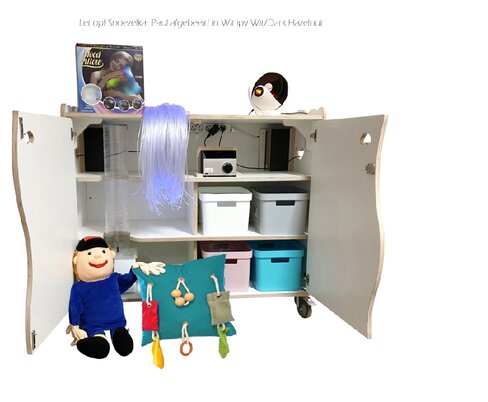 Chariot multisensoriel Paul blanc/noisette + pack l. 130 x p. 65 x h. 85 cm cm avec colonne à bulle)