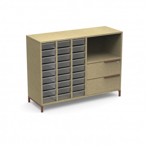 Armoire mélaminé Nouvelle Vague l. 130 x h. 98 cm - 1 niche 2 tiroirs à droite - 27 bacs tiroirs à gauche