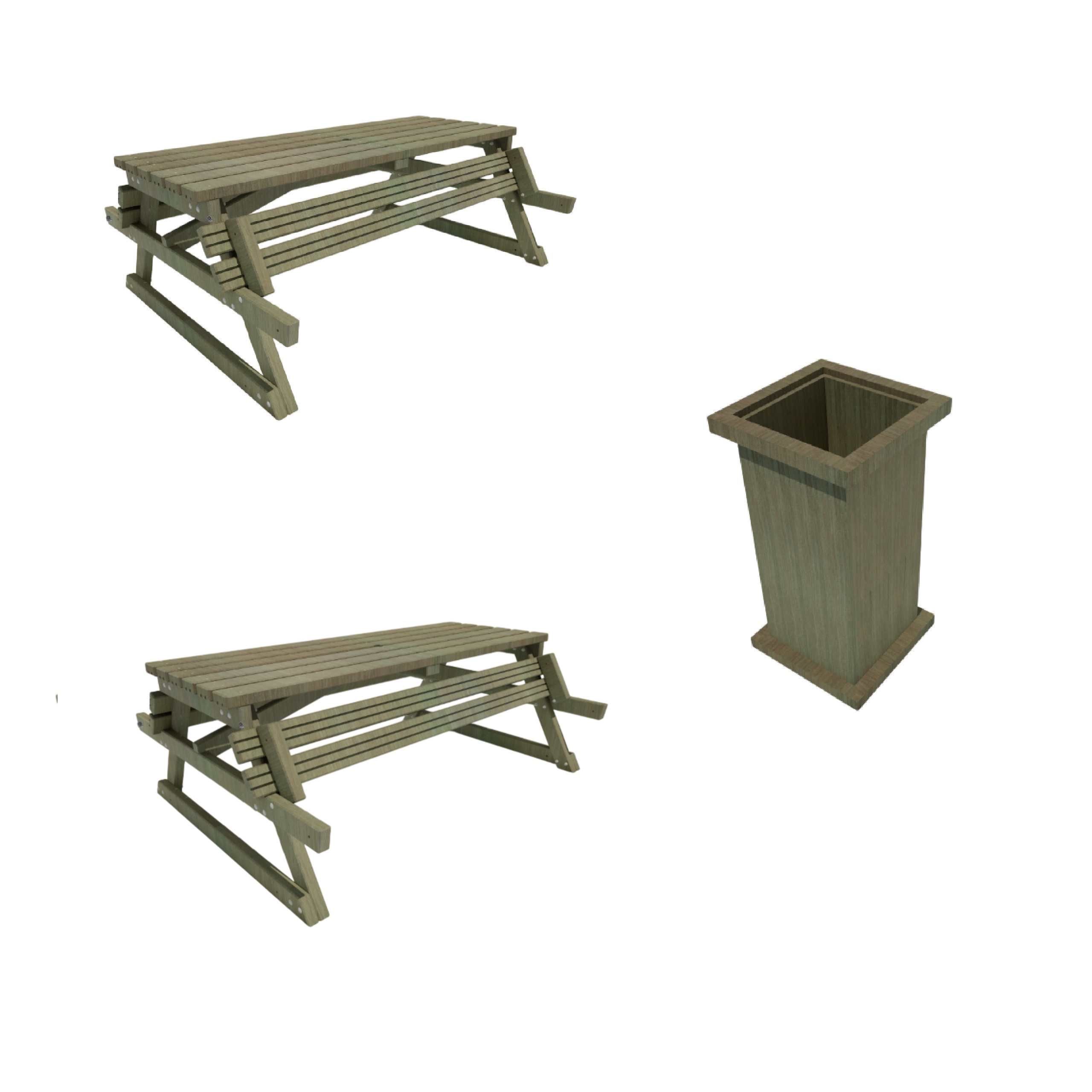 Pack 2 tables pique-nique bois pin classe IV - l. 200 cm - 1 poubelle forestière carrée - l. 45 x pr. 45 x h. 88 cm