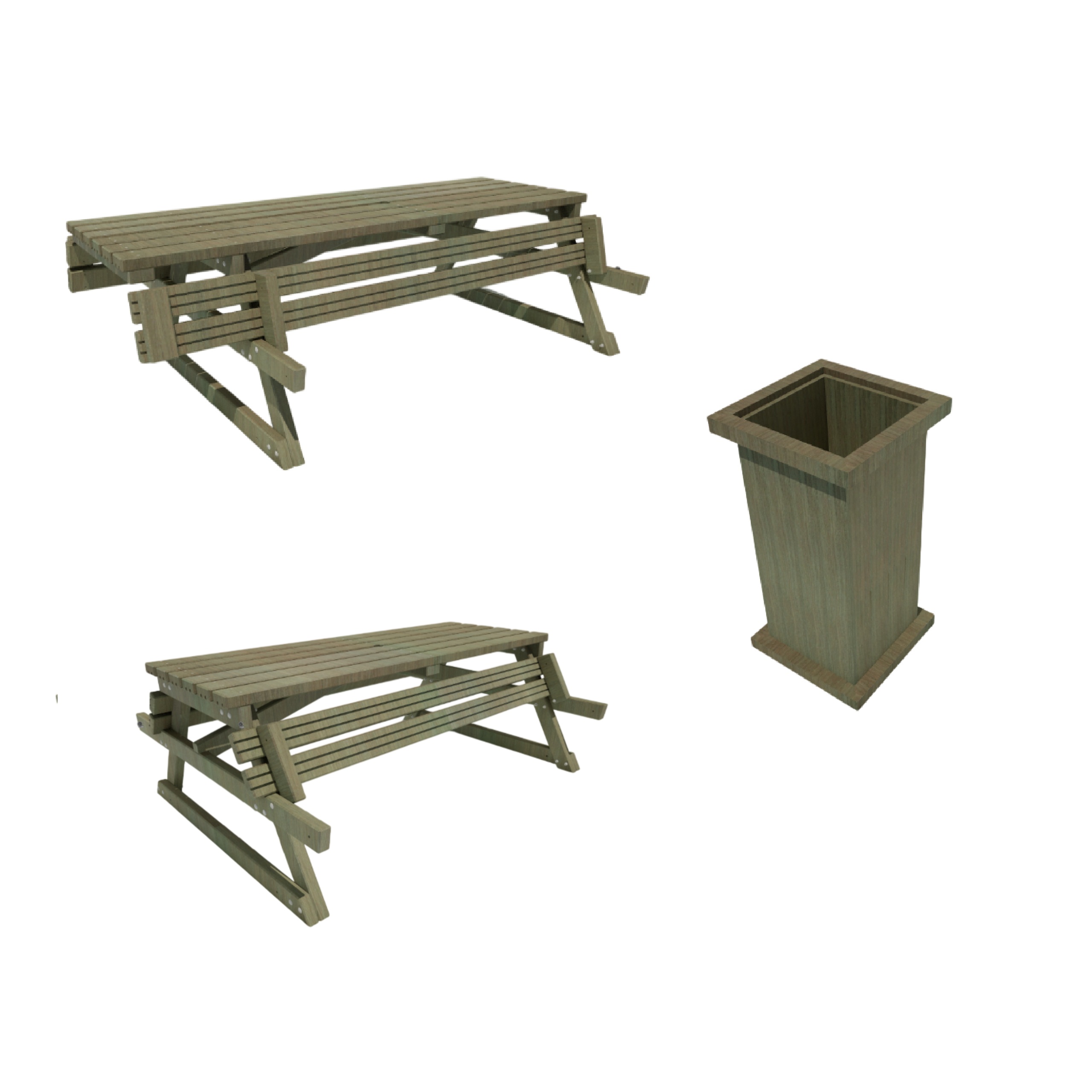 Pack 1 table l. 200 cm - 1 table PMR l. 235 cm - 1 poubelle forestière - déchargé