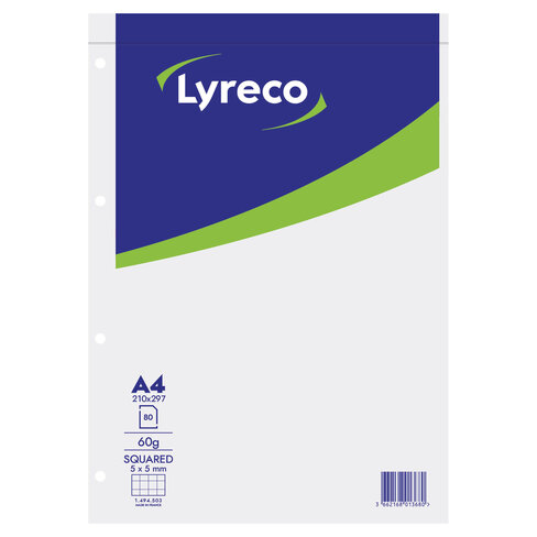 Bloc -notes agrafé Lyreco A4 perforé 4 trous - 160 pages - 60 g - quadrillé 5 x 5