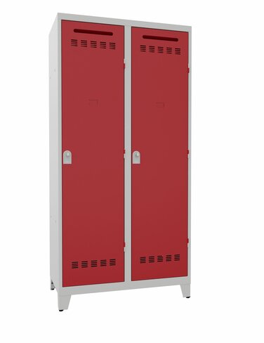 Vestiaire centre de secours avec piétement 2 colonnes - l.10 serrure moraillon - corps gris / portes rouges - délai court