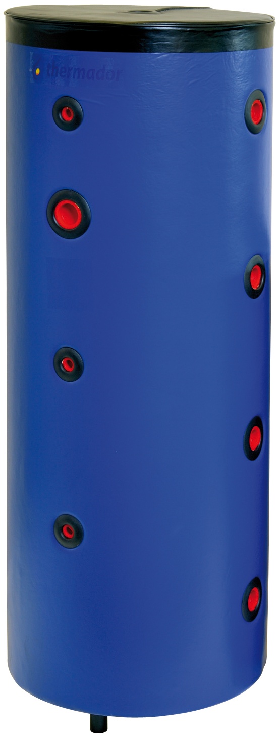 Bouteille de mélange 200 l sur pieds bleu jaquette skaï - 4 piquages de chaque côté et un piquage 1'1/2 -