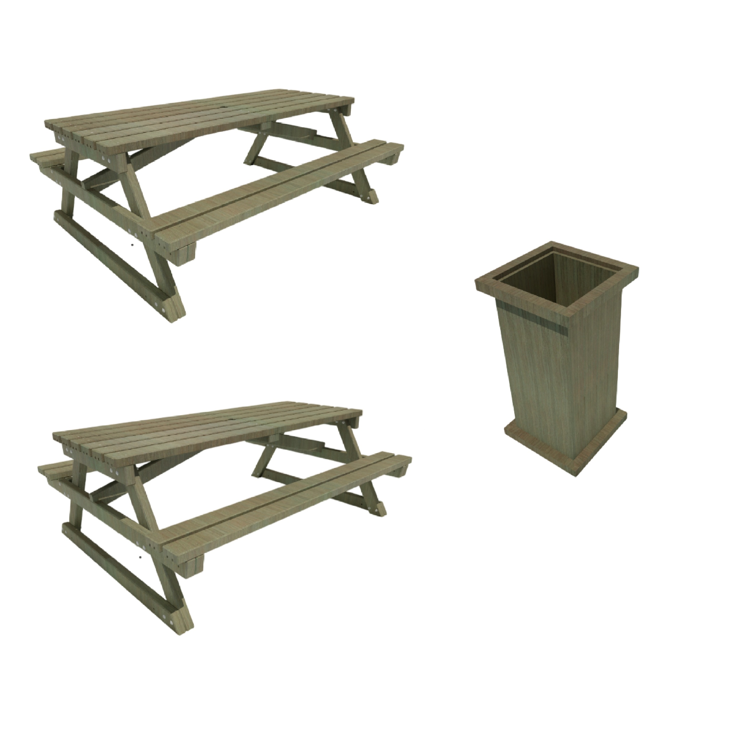 Pack 2 tables pique-nique bois pin classe IV - l. 200 cm - 1 poubelle forestière carrée - l. 45 x pr. 45 x h. 88 cm