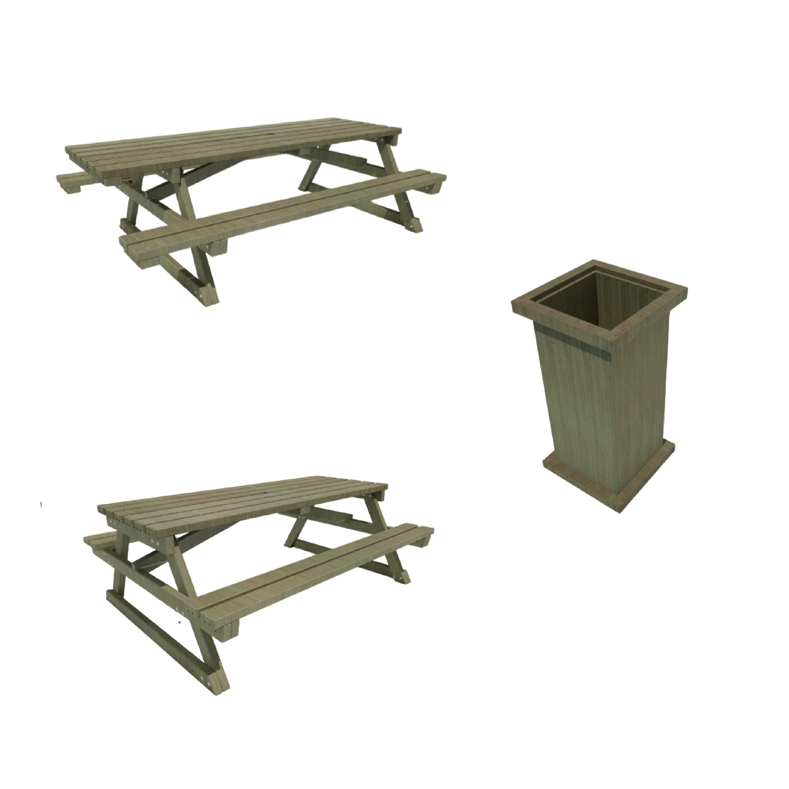 Pack 1 table l. 200 cm - 1 table PMR l. 235 cm - 1 poubelle forestière - déchargé