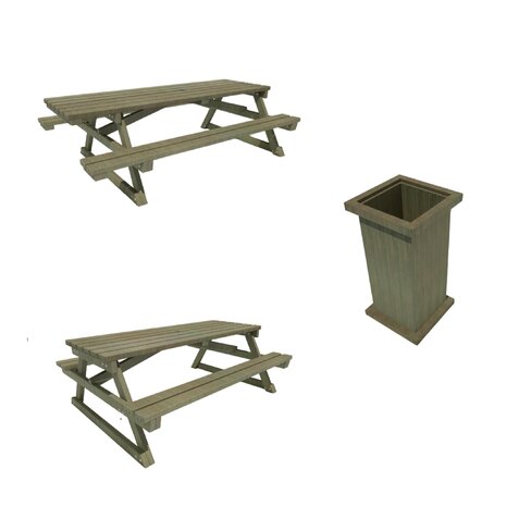 Pack 1 table l. 200 cm - 1 table PMR l. 235 cm - 1 poubelle forestière - déchargé