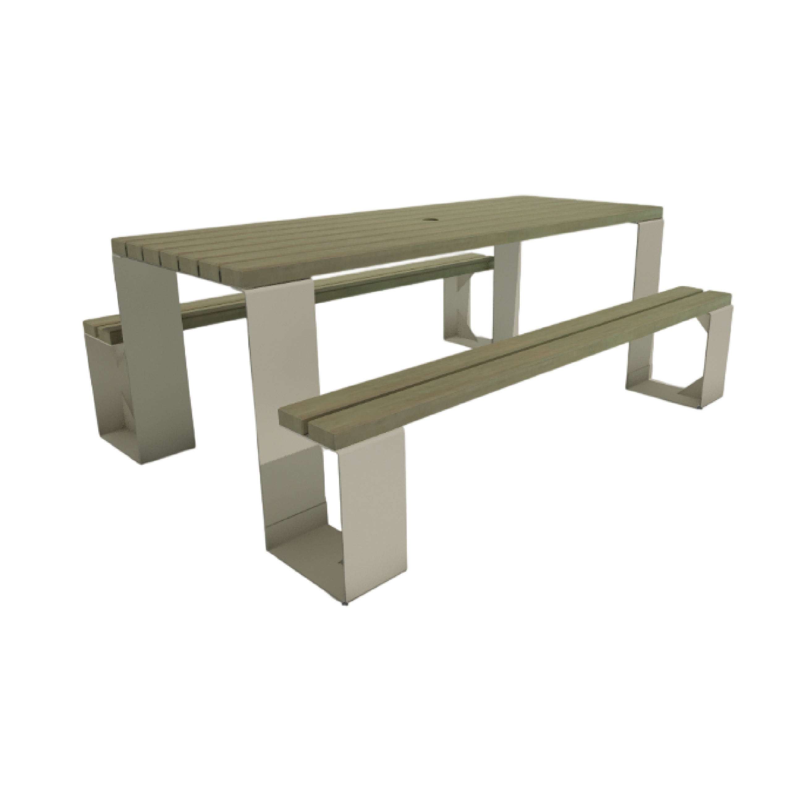 Table de pique-nique rectangulaire bois pin classe IV - banquettes solidaires - piètement acier blanc - l. 200 cm