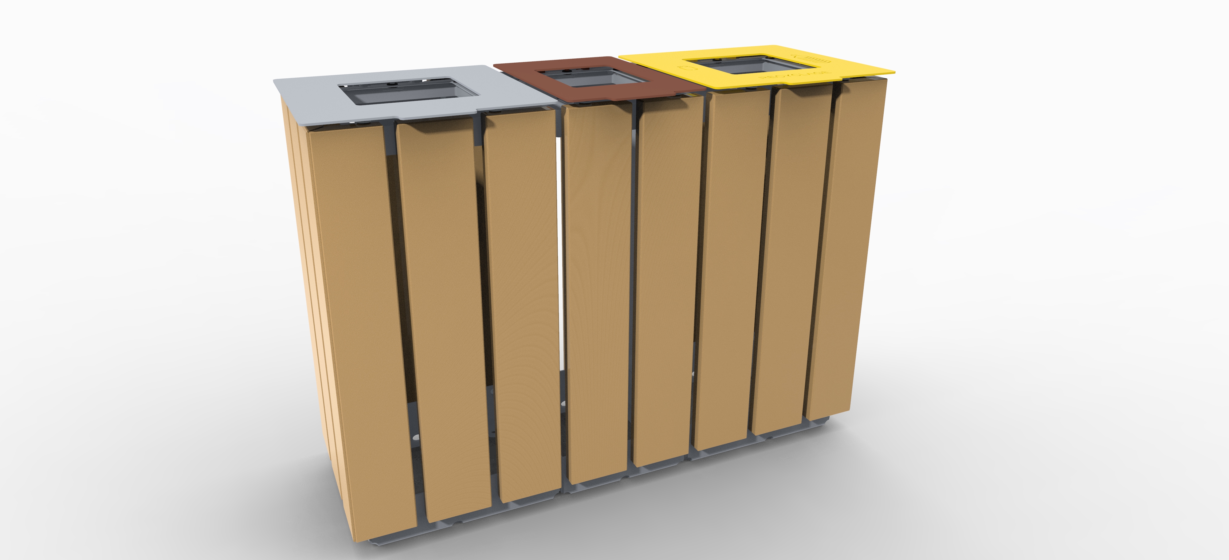 Corbeille Link tri flux - mélèze acier galvanisé - collecte par le dessus - 2 x 120 L + 1 x 90 L -