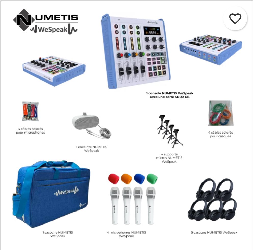 Solution Webradio WeSpeak : 1 console avec carte SD 32 GB 8 câbles colorés (x4 microphones - x5 casques) 1 enceinte