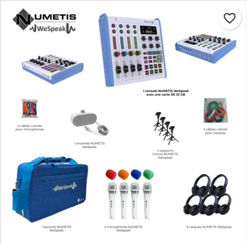 Solution Webradio WeSpeak : 1 console avec carte SD 32 GB 8 câbles colorés (x4 microphones - x5 casques) 1 enceinte