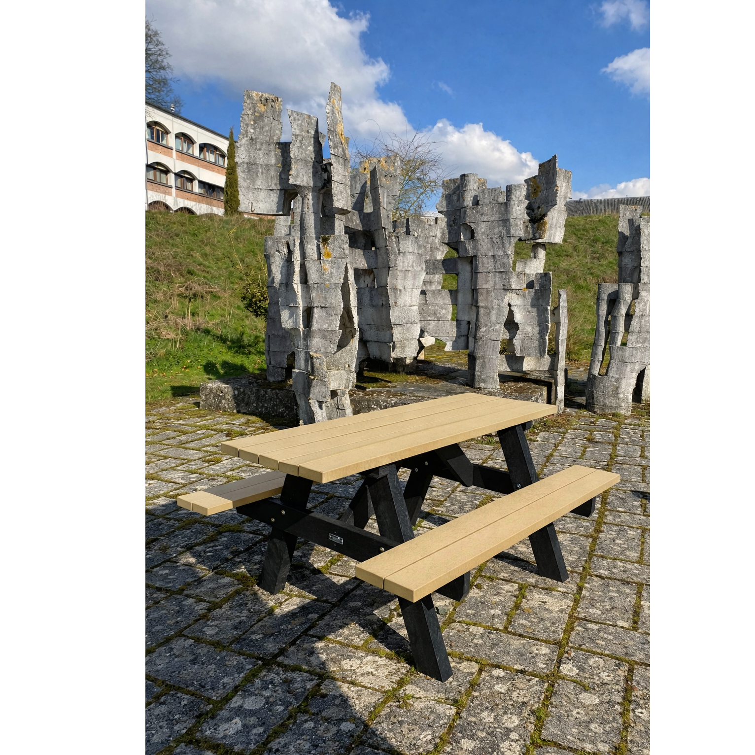 Table de pique-nique - banquettes solidaires PMR Forestier - lattes plastique recyclé - l. 200 cm - coloris standard