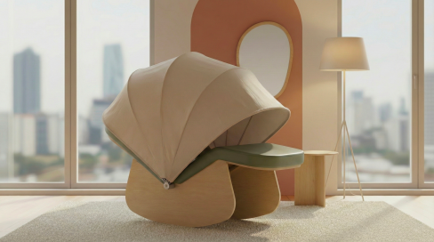 Cocon de sieste Canopé - piétement bois finition chêne miel - toile canopée beige