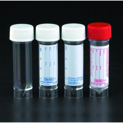 Flacon PS 30 ml jupe fd conique capuchon rouge PP 31 x 94 mm sans étiquette stérile x 400