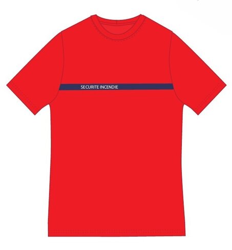 Tee shirt rouge - bande bleu marine - broderie sécurité incendie