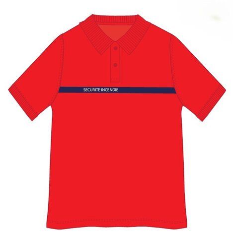Polo manches courtes rouge - coton - bande bleu marine - broderie Sécurité Incendie - fermeture boutons