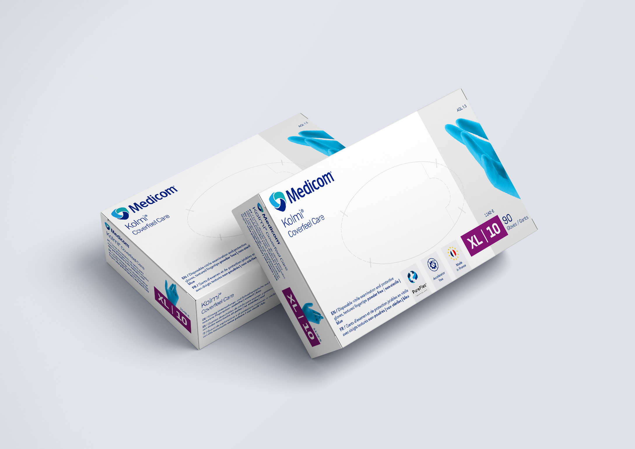 Gant nitrile Kolmi Coverfeel Care 240 mm EPI catégorie III bleu France taille S bte/100