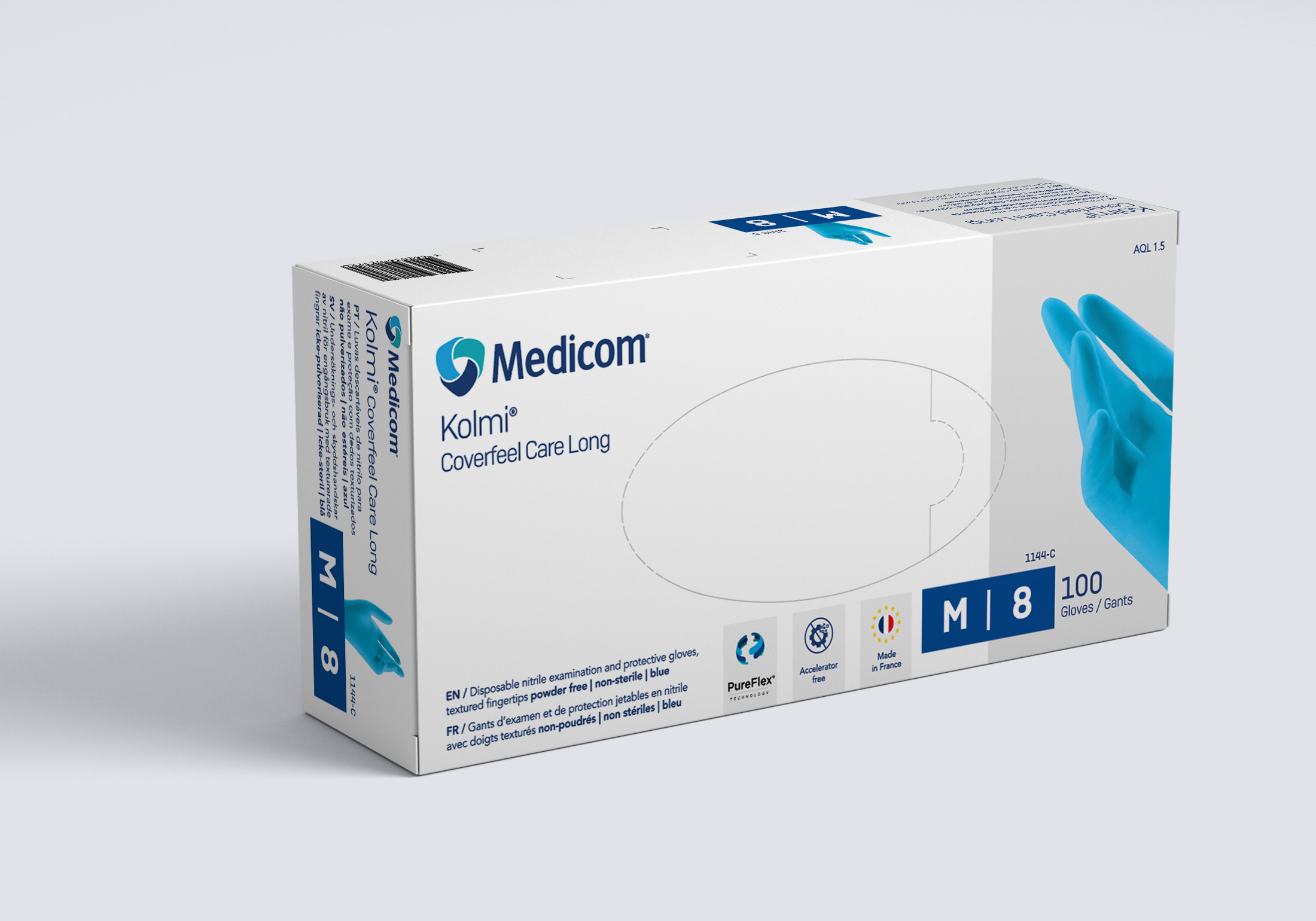 Gant nitrile Kolmi Coverfeel Care long 290 mm EPI catégorie III bleu France taille M bte/100
