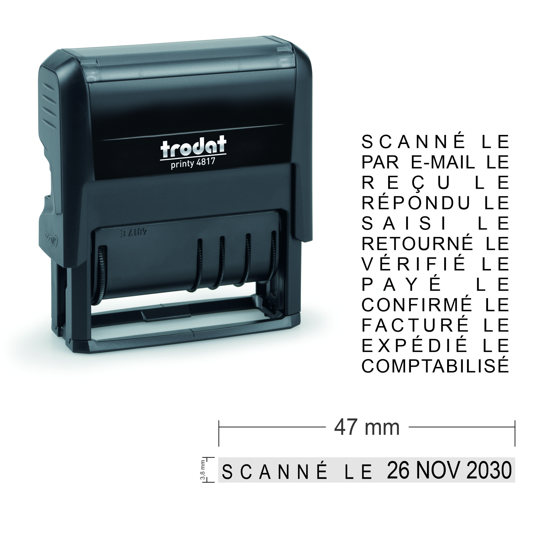 Tampon automatique multiformule Trodat 4817A 12 formules - 4 caractères - 47 x 3.8 mm - noir
