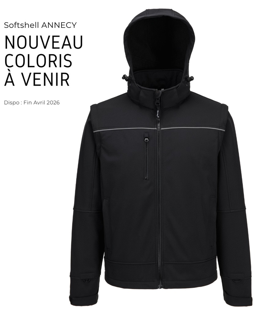 Veste à capuche et manches amovibles ANNECY - France Sécurité - polyester recyclé - Noir - taille L