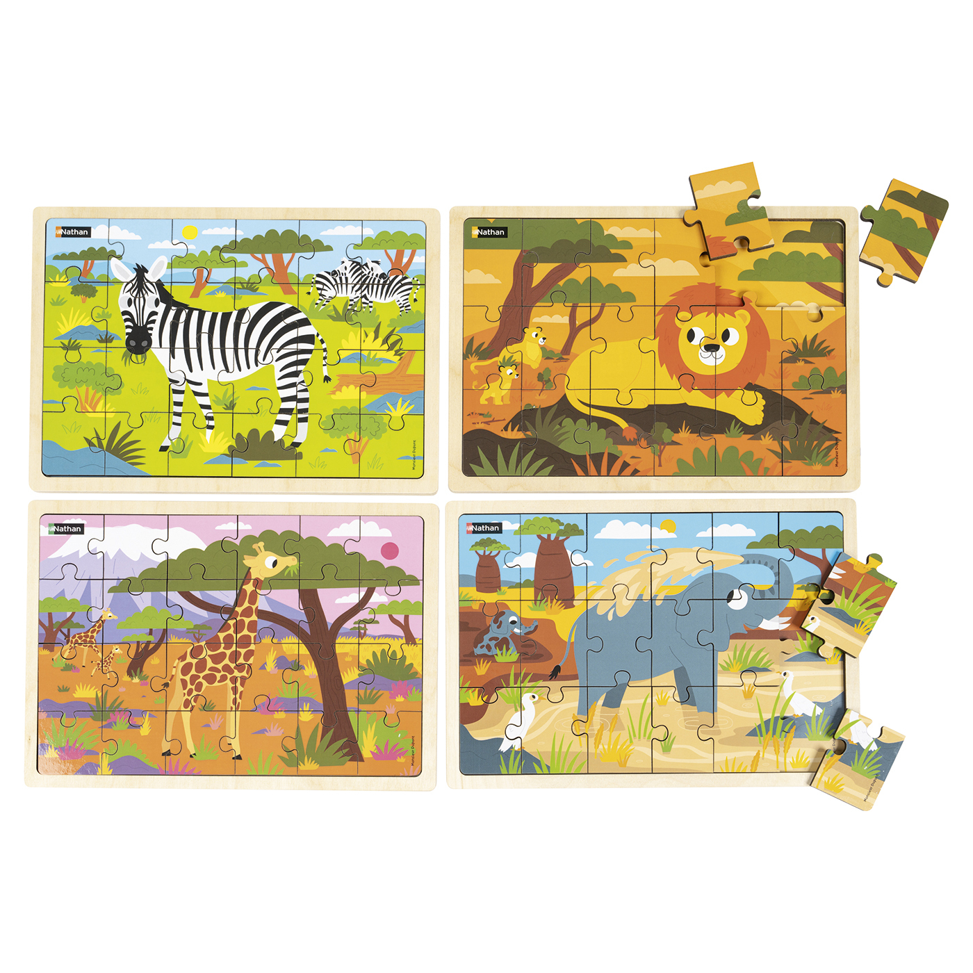 Puzzles bois -les animaux de la savane - 2 puzzles de 18 pces et 2 puzzles 24 pces