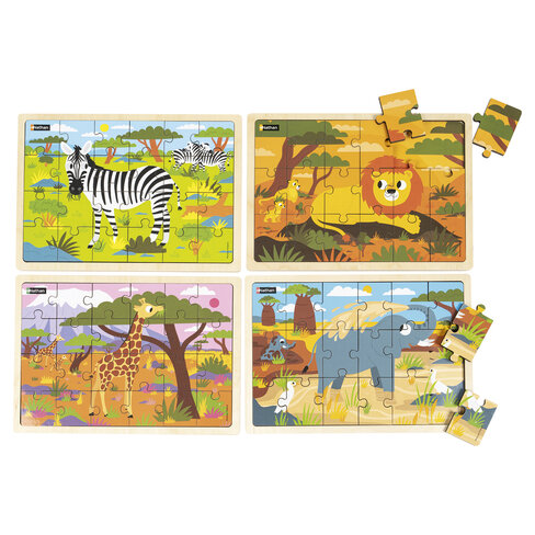 Puzzles bois -les animaux de la savane - 2 puzzles de 18 pces et 2 puzzles 24 pces