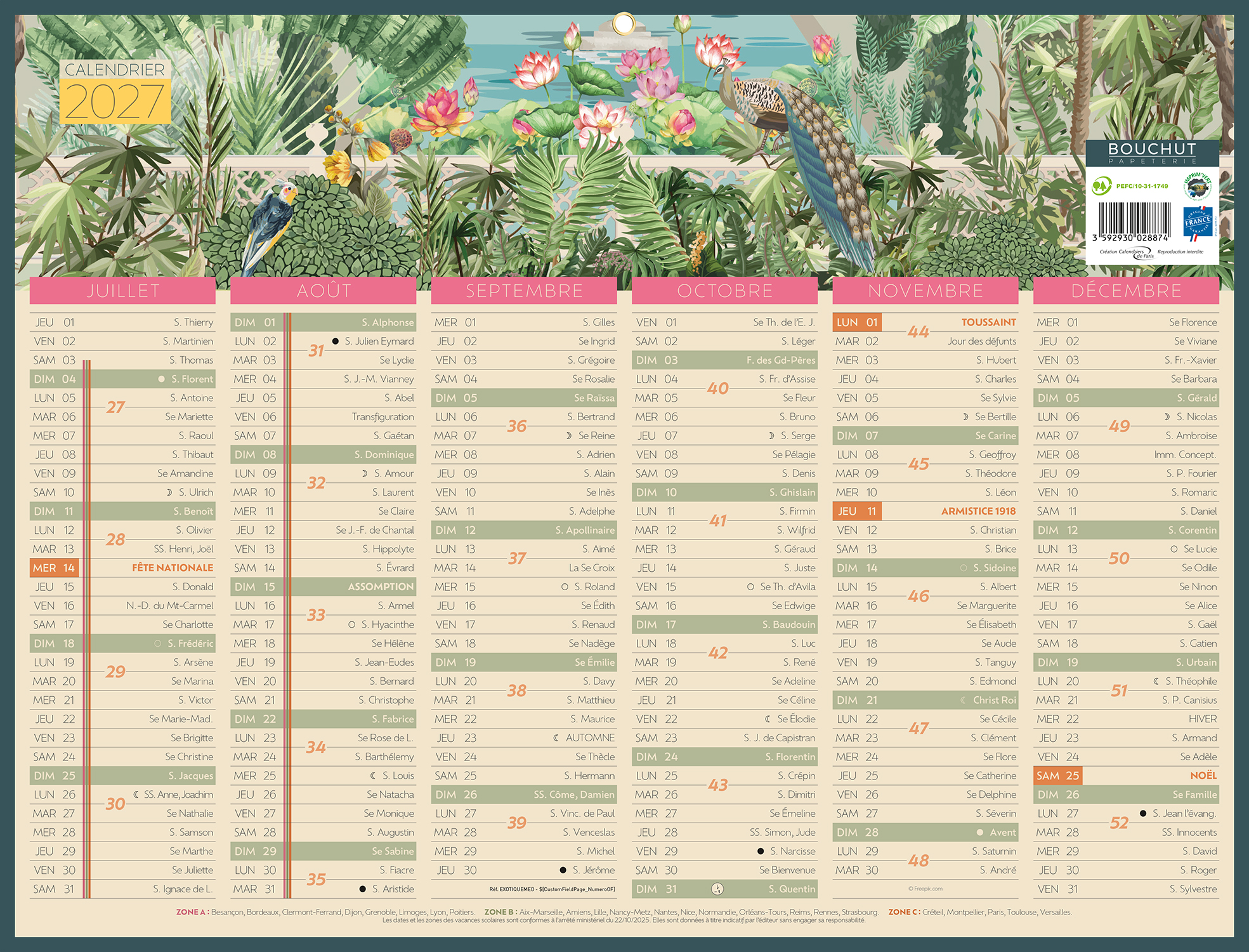 Calendrier Bouchut Exotique - 6 mois par face - 2026 - 32 x 42 cm