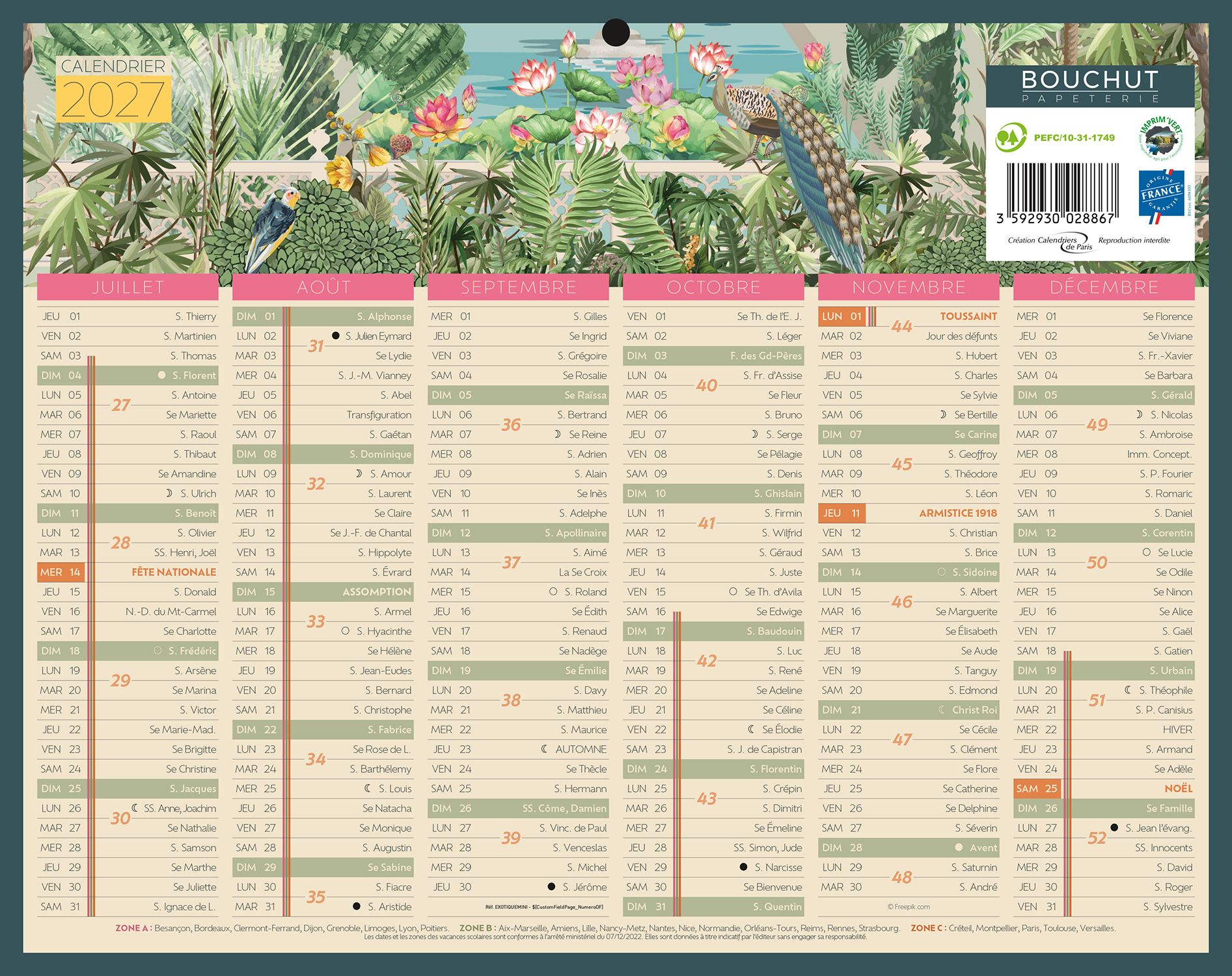 Calendrier Bouchut Exotique - 6 mois par face - 2027 - 21 x 26,5 cm