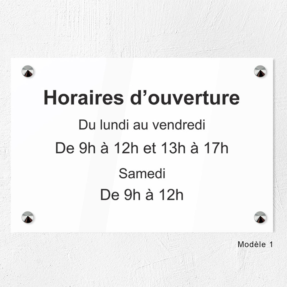 Plaque personnalisée horaires d'ouverture PMMA Greencast 30 x 20 cm - ép. 5 mm - Impression UV