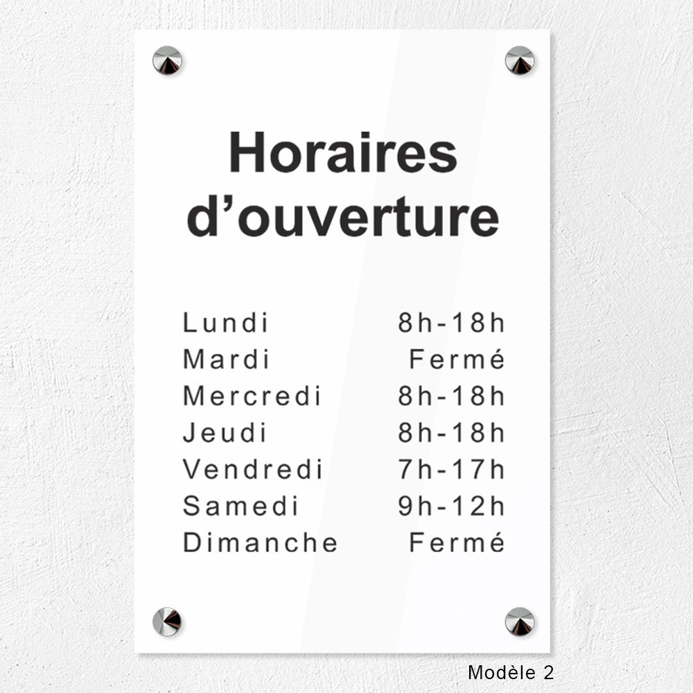 Plaque personnalisée horaires d'ouverture PMMA Greencast 30 x 20 cm - ép. 5 mm - Impression UV