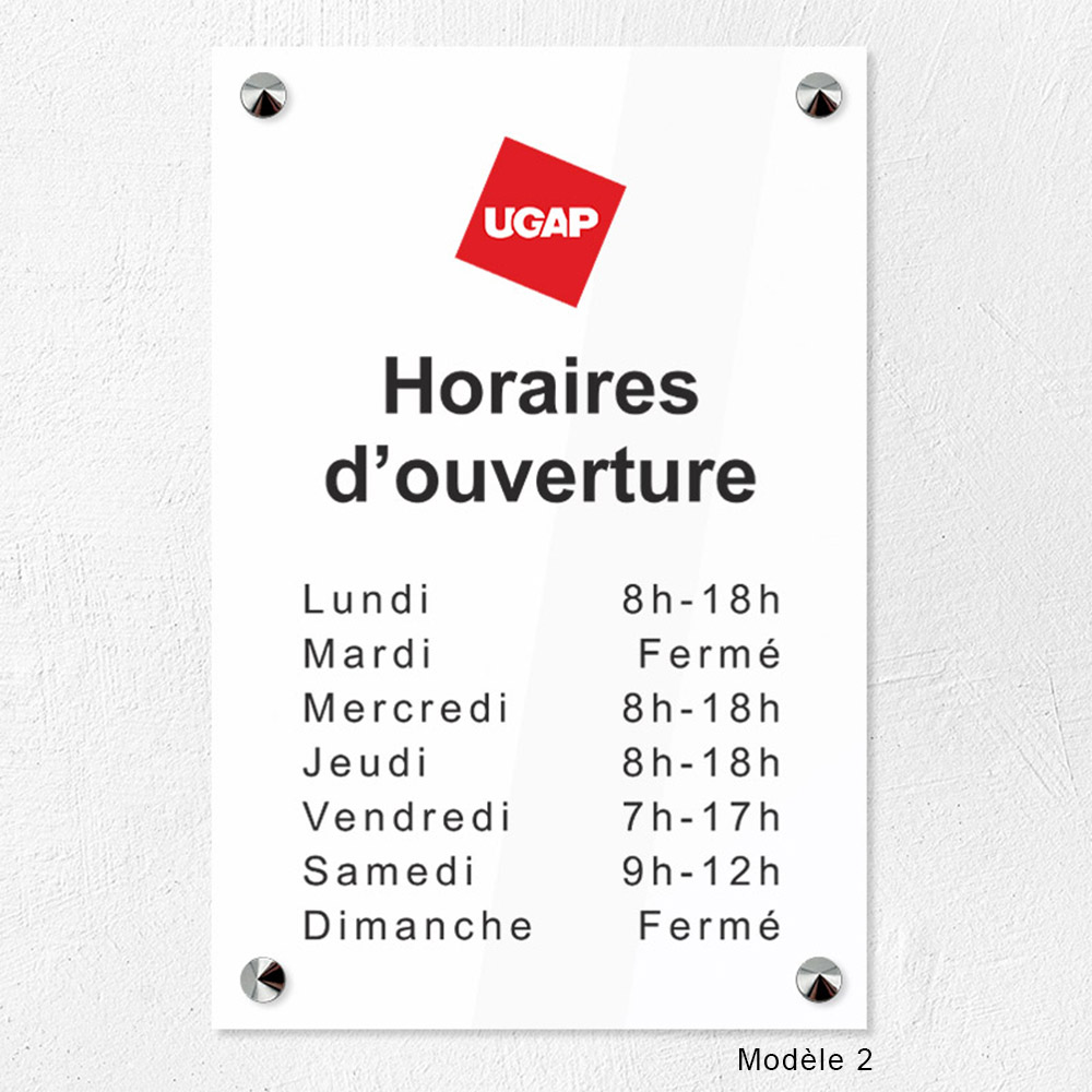 Plaque personnalisée horaires d'ouverture PMMA Greencast 30 x 20 cm - ép. 5 mm - Impression UV