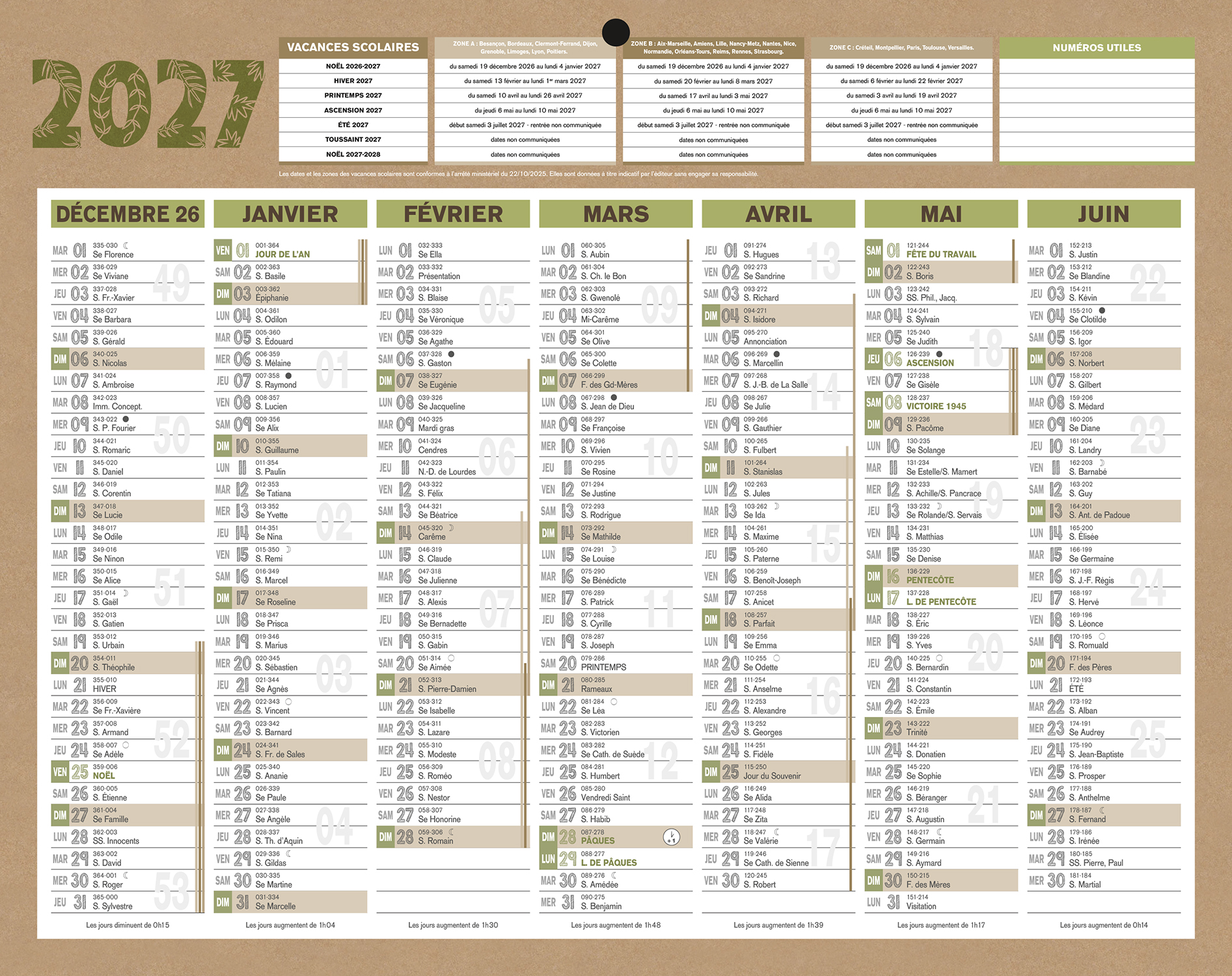 Calendrier recyclé - 6 mois/par face - 21 x 26,5 cm - marron