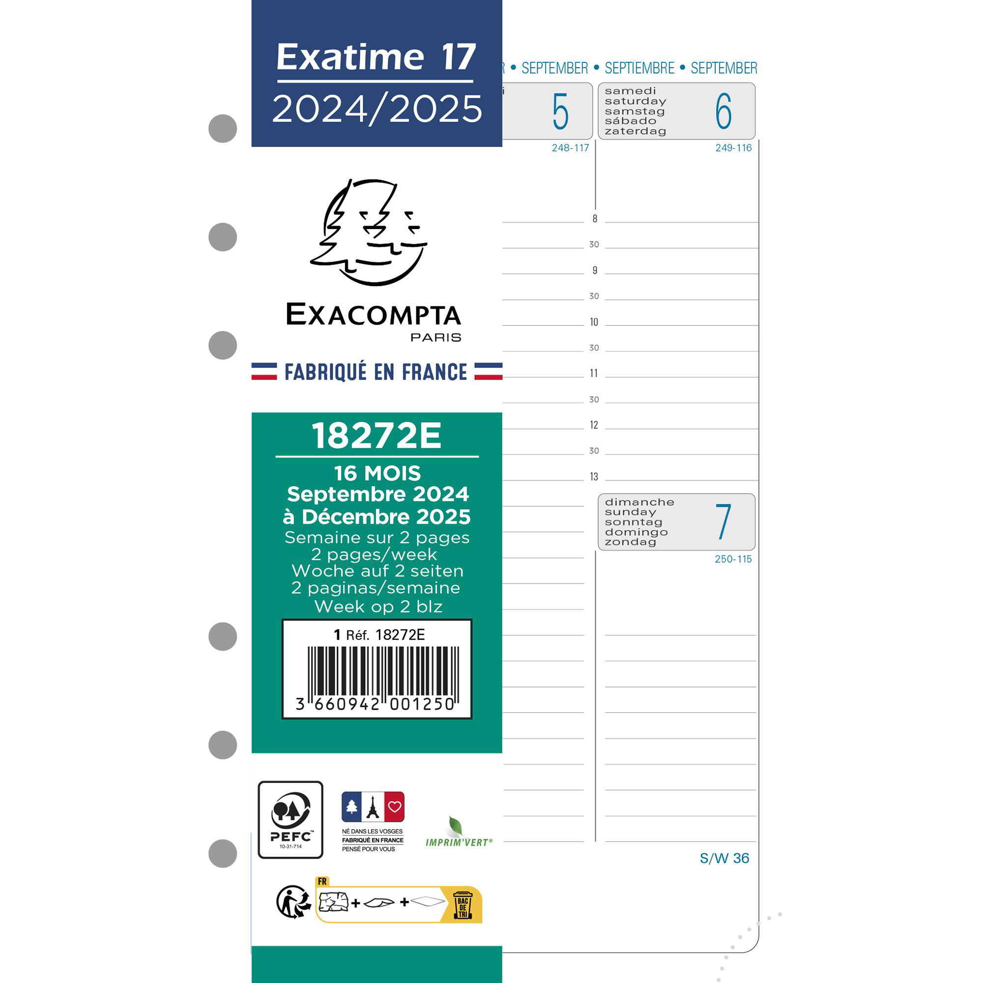 Recharge pour agenda semainier 16 mois 2024/2025 Exacompta - blanc