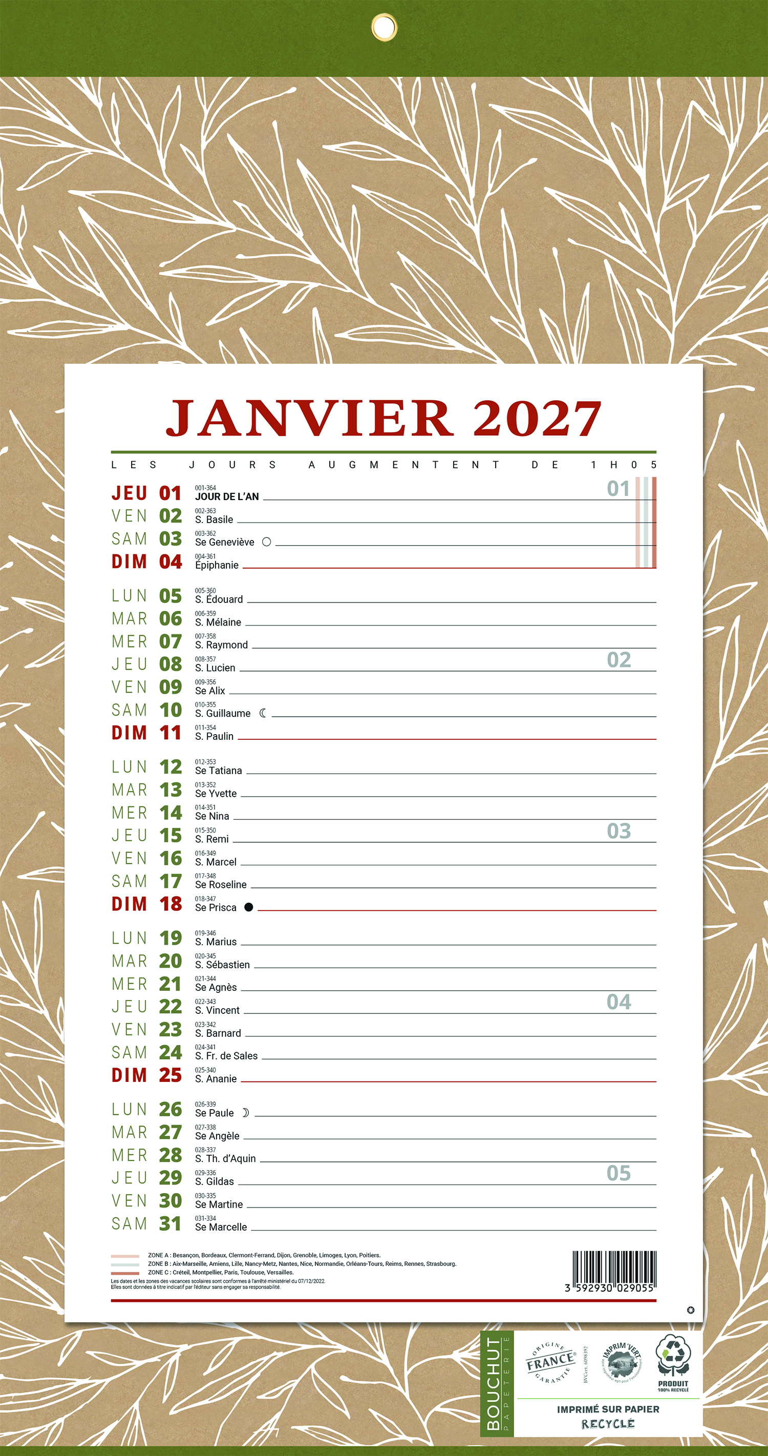 Calendrier mensuel long - 12 feuillets mensuels - 19 x 36 cm