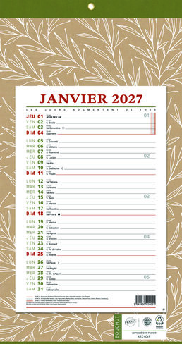 Calendrier mensuel long - 12 feuillets mensuels - 19 x 36 cm